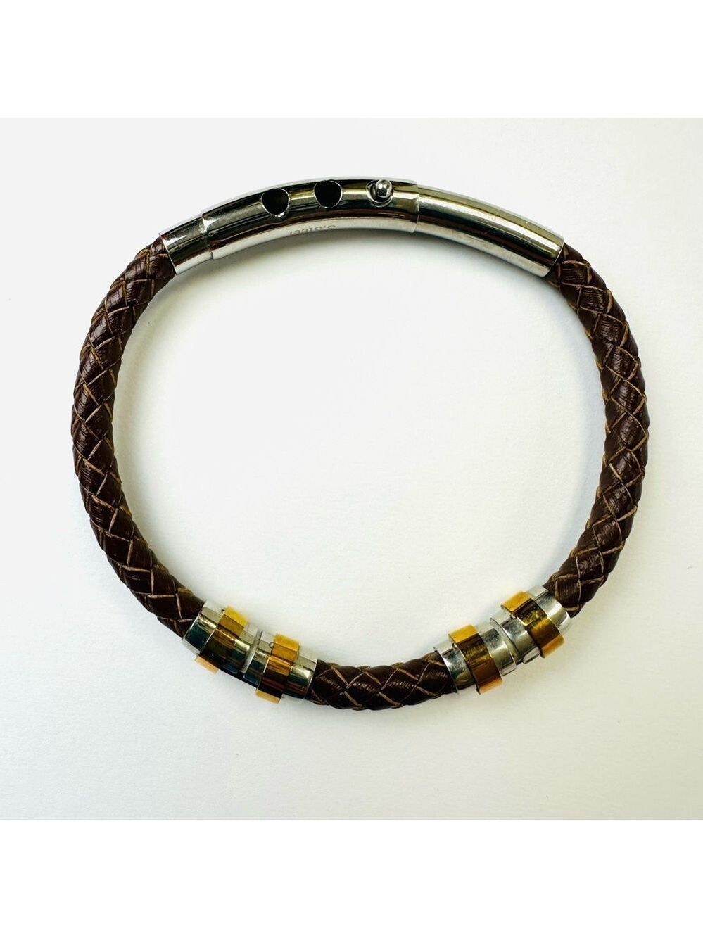 K.Penko leather stainless steel mens bracelet braided brown leather adjustable